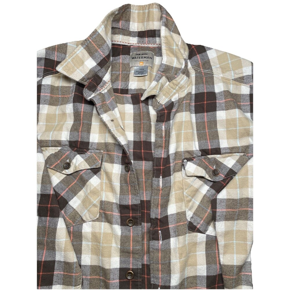 Quicksilver Waterman Men's Med Tan Brown OrangePlaid Long Sleeve Button Up Shirt